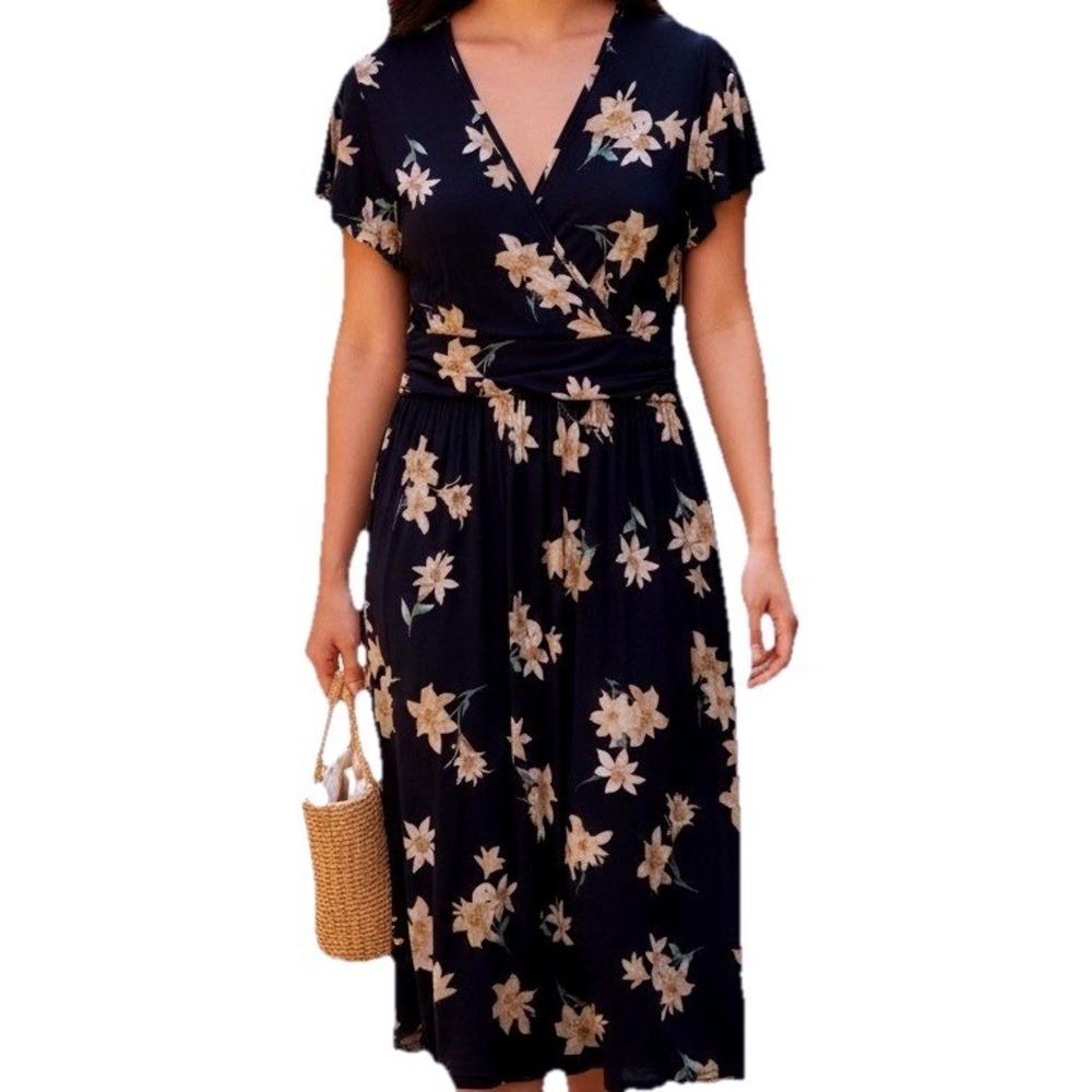 GRECERELLE Floral Midi Dress Womens S Navy Blue Faux Wrap Flutter Sleeve Boho